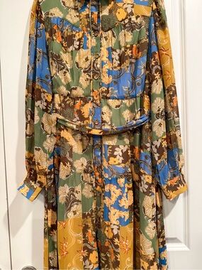 Long-Sleeve Floral Patchwork Maxi Dress in Green/Blue/Gold